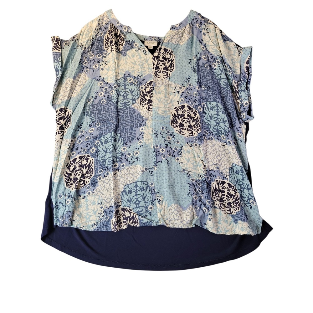 Avenue Womens Blue Patchwork Mixed Media Top 18 20 Short Sleeve‎ Boho Casual